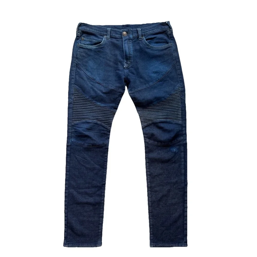 True Religion Jeans Blue Rocco Moto Relaxed Skinny Run Stitch Knee Stretch Sz 32